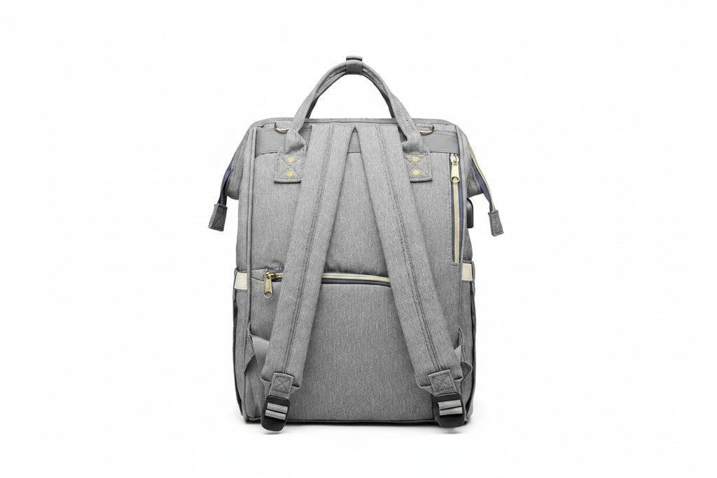 Gray backpack with visible zippers on a white background