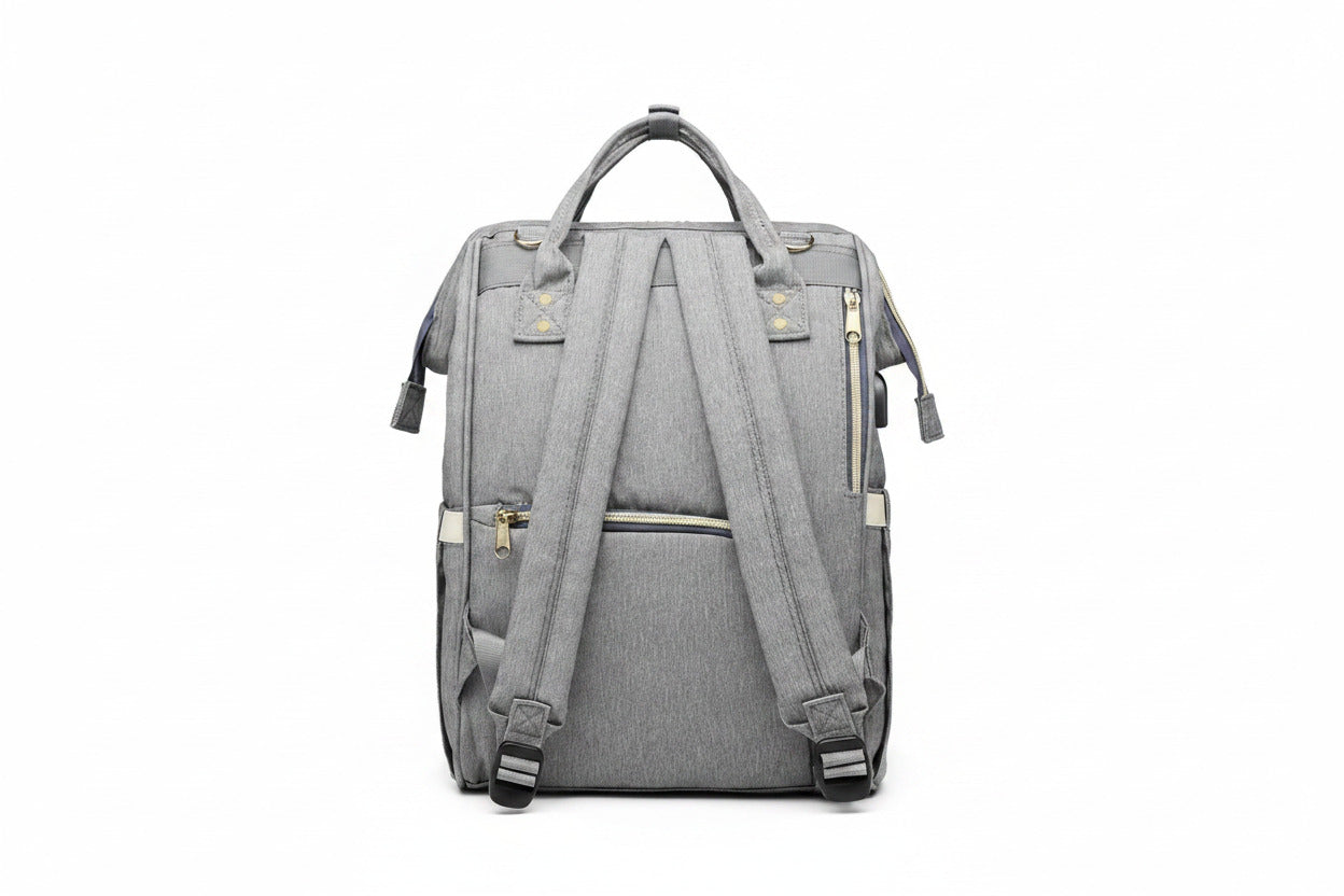 Gray backpack with visible zippers on a white background